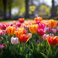 ai gerado uma deslumbrante imagem do uma campo do brilhantemente colori tulipas foto