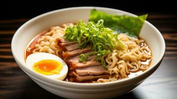 ai gerado uma digno de babar imagem do uma picante tigela do ramen Macarrão, coberto com fatias do concurso carne de porco foto