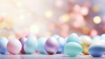 ai gerado uma colorida Primavera fundo com de cor pastel Páscoa ovos espalhados ao longo a imagem foto