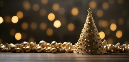 ai gerado uma Natal árvore e ouro bolas em uma de madeira mesa foto