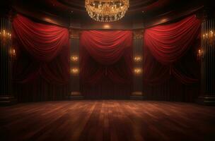 ai gerado uma cinematográfico etapa com vermelho cortinas, luzes, madeira pavimentos e holofotes foto