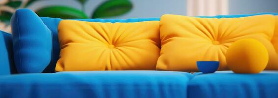 ai gerado uma azul sofá com amarelo almofadas em isto foto