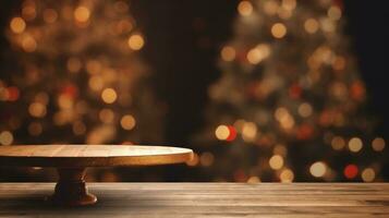 ai gerado aberto espaço de madeira mesa com Natal árvore em fundo foto