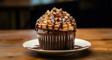 ai gerado Bolinho com chocolate, noz e caramelo coberturas em uma de madeira mesa foto