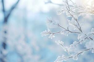 ai gerado neve coberto galhos do uma árvore foto