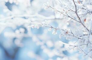 ai gerado neve coberto galhos do uma árvore foto