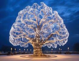 ai gerado uma árvore decorado com luzes com azul céu e estrelado luzes foto