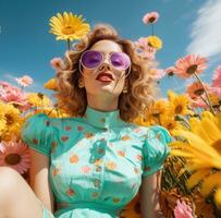 ai gerado fofa menina dentro flores foto