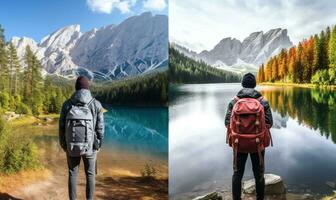 ai gerado mulher com mochila mostrando dela braços ao ar livre e lagos foto