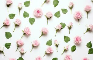 ai gerado Rosa rosas e folhas em uma branco fundo, foto