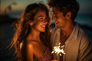 ai gerado a atraente jovem casal detém estrelinhas em a de praia às pôr do sol foto