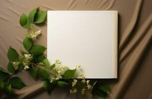 ai gerado uma branco em branco livro cercado de verde folhas foto