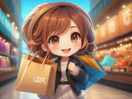 ai gerado chibi personagem fofa fêmea personagem segurando compras bolsas alegremente foto