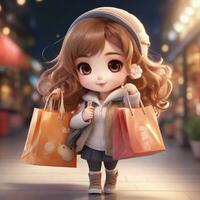 ai gerado chibi personagem fofa fêmea personagem segurando compras bolsas alegremente foto