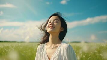 ai gerado calma feliz sorridente ásia mulher com fechadas olhos em a Campos. livre, paz, lindo momento conceito foto