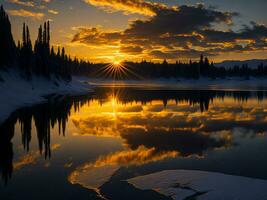 ai gerado a imagem do uma vibrante pôr do sol sobre uma sereno lago, com colorida reflexões cintilante em a água com neve foto