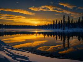 ai gerado a imagem do uma vibrante pôr do sol sobre uma sereno lago, com colorida reflexões cintilante em a água com neve foto