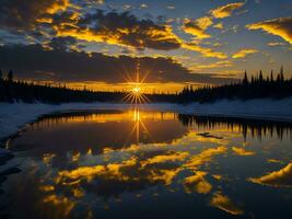 ai gerado a imagem do uma vibrante pôr do sol sobre uma sereno lago, com colorida reflexões cintilante em a água com neve foto