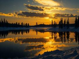 ai gerado a imagem do uma vibrante pôr do sol sobre uma sereno lago, com colorida reflexões cintilante em a água com neve foto