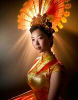 ai gerado lindo chinês mulher dentro tradicional cheongsam vestir foto