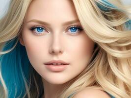 ai gerado uma mulher com ondulado lustroso cabelo e deslumbrante azul olhos ai gerar foto