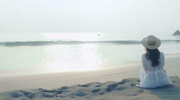 ai gerado uma mulher dentro branco dentro a oceano Visão chapéu senta em a de praia foto