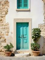ai gerado uma pequeno verde construção com uma azul porta negligenciar a rua, foto