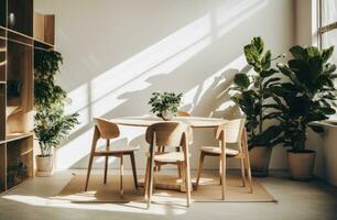 ai gerado uma quarto com uma mesa, cadeira e plantas dentro a Centro foto