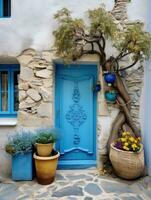 ai gerado uma azul porta com uma flor e uma cesta foto