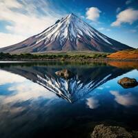 ai gerado captura a sereno beleza do uma vulcânico montanha refletido dentro uma calma, claro como cristal lago foto