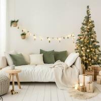 ai gerado uma quarto em uma branco sofá decorado para Natal foto