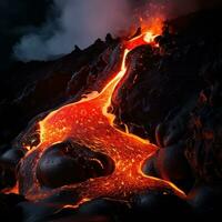 ai gerado calor e energia do uma do vulcão lava captura a fundido Rocha Como isto cascatas baixa a lado da montanha foto