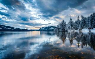 ai gerado majestoso inverno sinfonia, uma congeladas lago suspensórios para a Aproximando tempestade foto