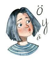 finlandês Falando desenho animado garota, finlandês linguagem, Finlândia cores, fêmea personagem Aprendendo finlandês língua aguarela livro ilustração foto