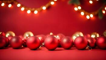 ai gerado vermelho Natal cor fundo com festão e Natal bolas ai gerado foto