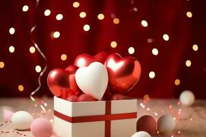 feliz dia dos namorados dia conceito com vermelho presente caixa e coração em forma balões romântico bandeira amor conceito de ai gerado foto