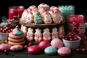 ai gerado festivo exibição com uma Pão de gengibre casa cercado de uma variedade do Natal biscoitos e doces, Natal cenário foto