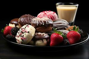 ai gerado uma festivo sobremesa prato adornado com chocolate mergulhado morangos feriado biscoitos e sortido doces, Natal cenário foto