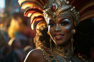 ai gerado dourado pôr do sol parada carnaval flutua fundida longo, festivo carnaval fotos