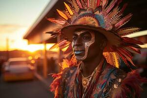 ai gerado Magia dentro a crepúsculo carnaval mascarado homem no meio grandes sombras, festivo carnaval fotos