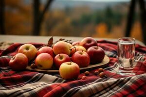 ai gerado uma acolhedor piquenique cobertor cercado de abóboras maçãs e caloroso bebidas, hygge conceito foto