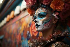 ai gerado moderno carnaval rua artista veneziano mural fusão, festivo carnaval fotos