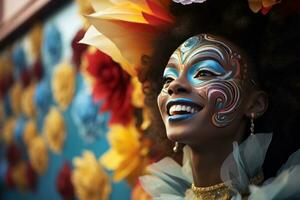 ai gerado rua desempenho carnaval mascarado mulher, colorida carnaval imagens foto