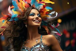 ai gerado carnaval euforia mulher captura vibrante confete, colorida carnaval imagens foto