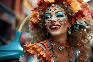 ai gerado brincalhão carnaval mascarar mulher junta-se a parada com elegância, festivo carnaval fotos