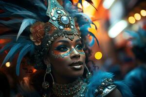 ai gerado vibrante carnaval passeio mulher em mascarado, colorida carnaval imagens foto