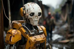 ai gerado ajudando humanidade humanóide robôs dentro desastre alívio esforços, futurismo imagem foto