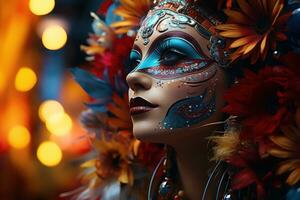 ai gerado uma mulher dentro uma carnaval mascarar espelhado dentro uma lago do luzes, carnaval festival As fotos