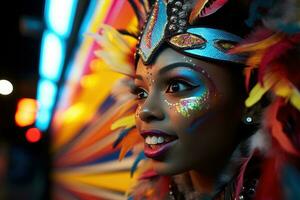 ai gerado período noturno corre mulher dentro néon grafite carnaval mascarar junta-se corrida, colorida carnaval imagens foto