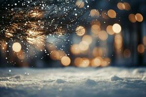 ai gerado Natal encantamento bokeh luzes contra branco neve enquadramento uma borrado Natal árvore ai gerado foto